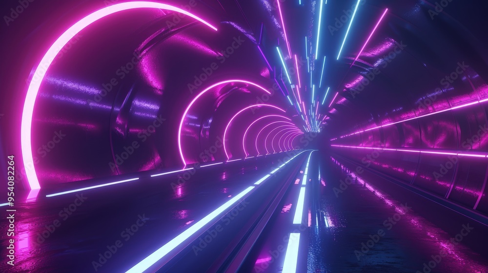 Poster a vibrant, futuristic tunnel illuminated with neon lights, creating a dynamic and immersive visual e