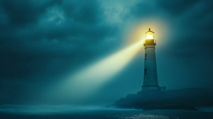 A solitary lighthouse beams light across turbulent seas under a cloudy twilight sky © bersch28