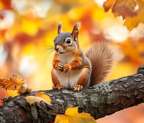 Photorealistic autumn scene with an oak tree branch surrounded by vibrant orange leaves. AI generated illustration.