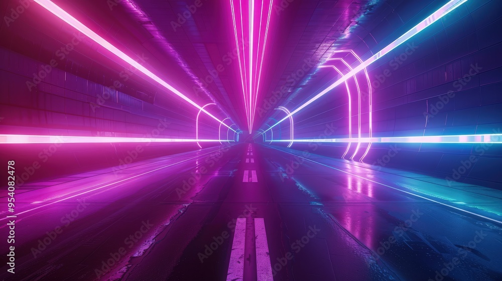 Poster a vibrant, futuristic tunnel illuminated by neon lights, creating a dynamic and immersive atmosphere