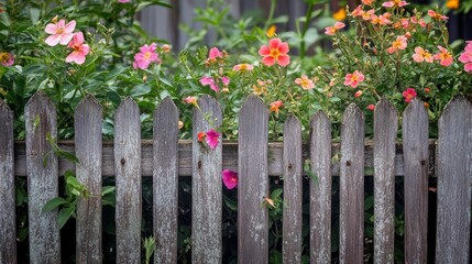 Fototapeta premium A colorful flower garden grows by a rustic wooden fence in a tranquil setting during late spring or early summer