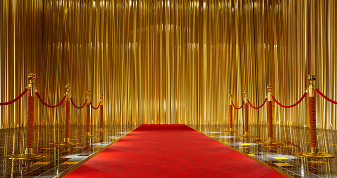 3D render of red carpet with golden barrieres leading to a gold curtain background