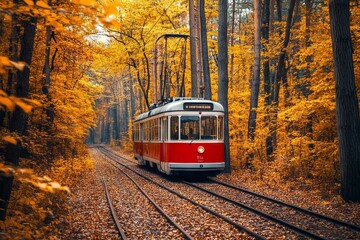 Vintage tram moving through an autumn forest with golden leaves, captured from behind on tracks amidst vibrant yellow and orange foliage. High-resolution landscape photo. AI generated illustration.