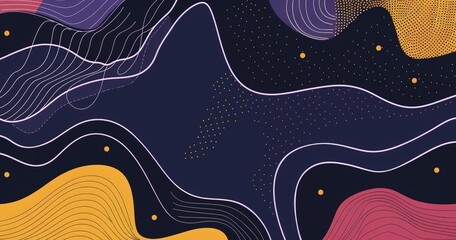 A vibrant abstract design featuring flowing lines and shapes in various colors against a dark background, ideal for graphic use.