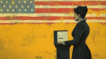 A woman in a vintage dress interacts with a voting booth under an American flag backdrop, capturing the spirit of democracy in a historic setting
