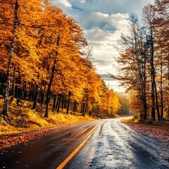Obraz premium Scenic road through an autumn forest with golden trees, featuring a beautiful nature landscape and capturing the essence of the fall season. AI generated illustration.