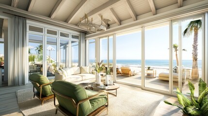 Fototapeta premium Beachfront living with olive armchairs, ivory sofa, and terrace doors.