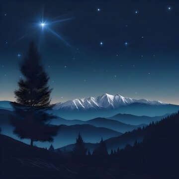 A starry sky stretches above trees and mountains, illuminating the night landscape. The stars shine brightly, creating a magical contrast with the shadowed peaks.