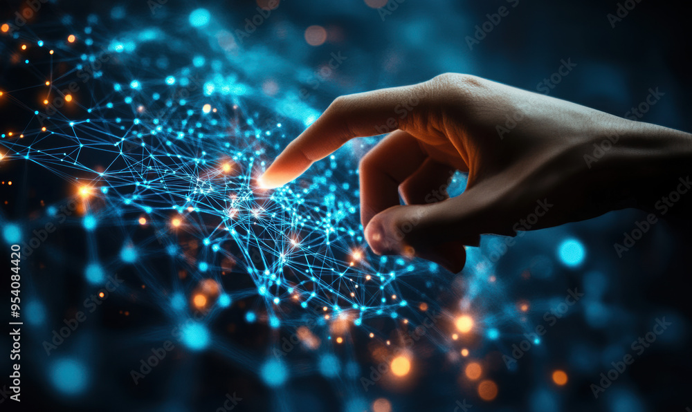 Poster ai, machine learning, hands of robot and human touching on big data network connection background, s