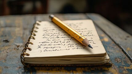 A close-up view of an open notebook filled with handwritten notes and a yellow pencil resting on the pages