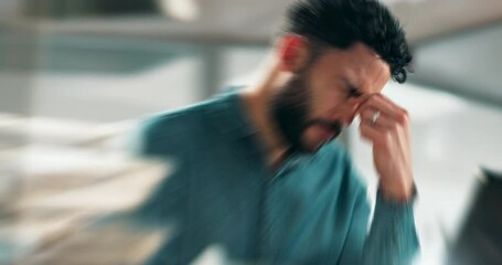 Businessman, headache and stress with laptop in blur, vertigo or dizzy from strain or mistake at office. Frustrated, tired male person or employee with migraine, severe pain or pressure on computer - Powered by Adobe