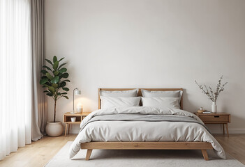Modern Flat Minimalist Bedroom Interior with Blank Wall Mock-up