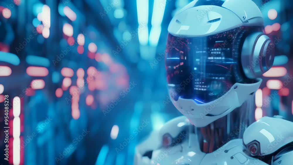 Aufkleber Futuristic robot with a visor helmet in a high-tech environment illuminated by blue and pink neon lights. Concept of advanced robotics and AI