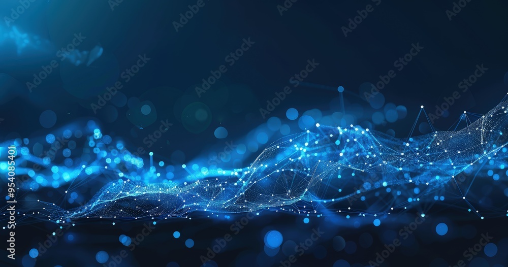 Poster a digital abstract background with flowing blue waves and glowing particles, representing technology