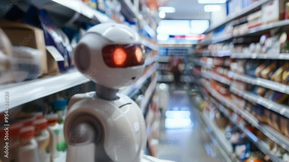 Poster ai-powered humanoid robot shopping in a supermarket aisle. future of retail automation and customer 