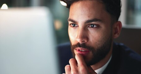 Business, man and thinking on computer in office with planning, ideas and reading email for problem solving of project. Professional, male employee and online information, review report and proposal