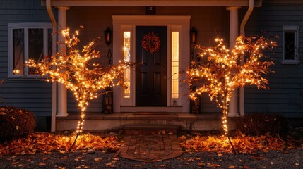 A pair of fall leaf trees with warm white lights 
