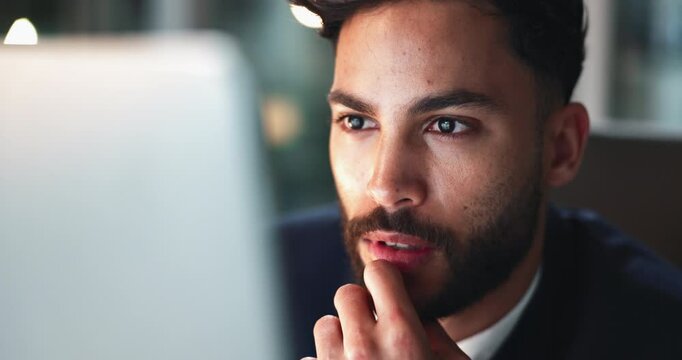 Business, man and thinking on computer in office with planning, ideas and reading email for problem solving of project. Professional, male employee and online information, review report and proposal