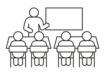 Teacher speech in school class with audience spectator schoolchild, line icon. Speaker leads lesson at blackboard. Vector illustration