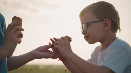 A woman in a blue dress, partially visible, holds two snacks as she offers one to a young boy wearing glasses and a white shirt. The boy, sitting and chewing, watches her in a peaceful grassy field - Powered by Adobe