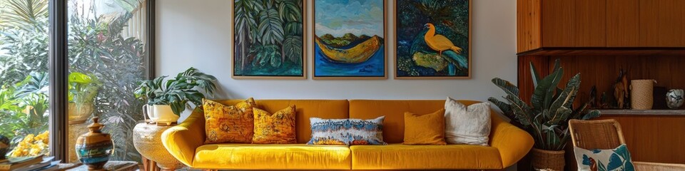 Spacious Brazilian room with a cheerful yellow couch and large art space.