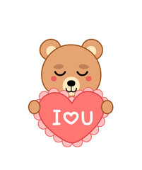 Boy bear is holding red heart with inscription I love you. Valentines day. Cartoon, kawaii, vector