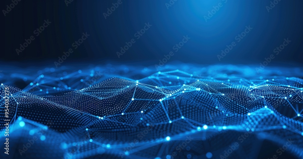 Poster a digital representation of interconnected nodes and waves, symbolizing data flow and technology.