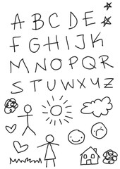 Realistic children pencil handwriting and sketch drawings isolated