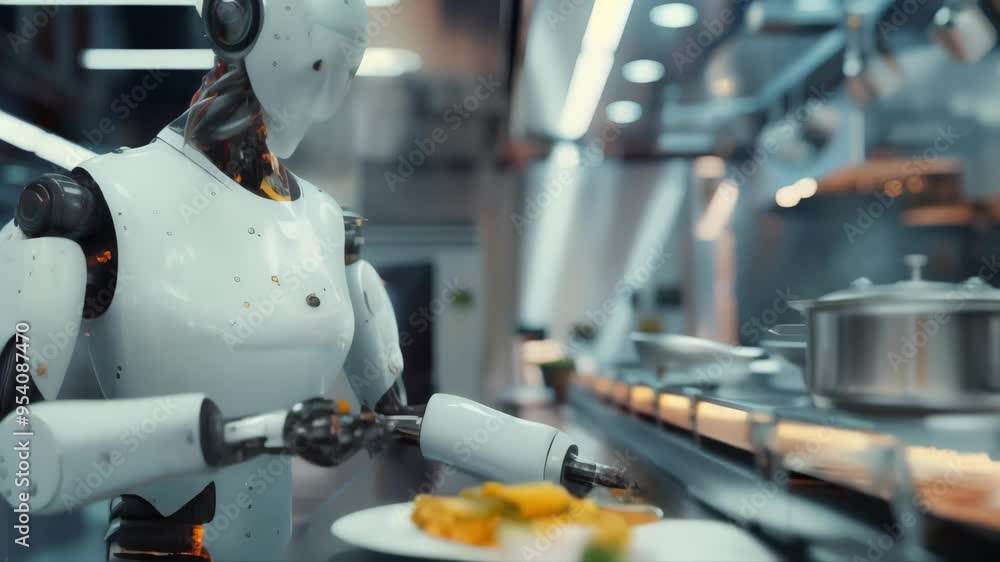 Poster Humanoid robot preparing a meal in a modern kitchen, illustrating the integration of robotics in everyday life. Futuristic technology enhancing daily tasks