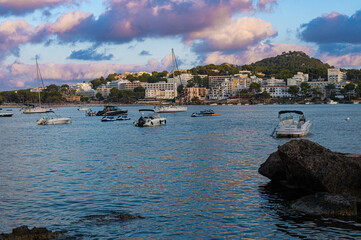 boats in the harbor in the village of Mallorca, spain