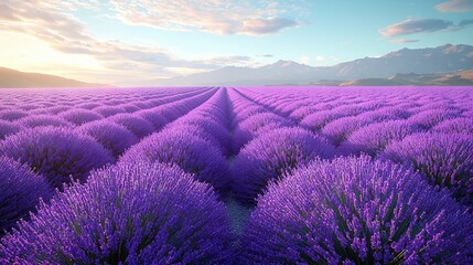 Obraz premium A field full of purple flowers under a blue sky with a mountain range in the background is a field of lavender flowers in the foreground