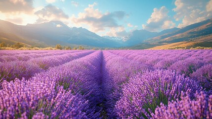 Obraz premium A field of lavender flowers before a mountain range with distant clouds