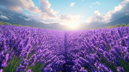 Fototapeta premium Blue sky above; mountain range background, sun shines through clouds, field purple flowers