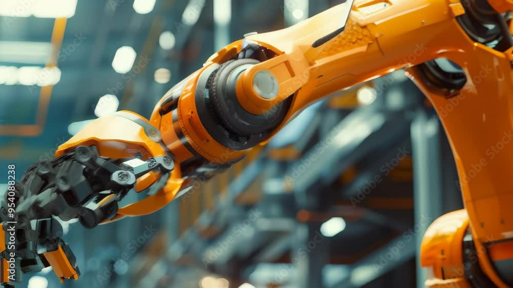 Poster close-up of an industrial robotic arm in a modern factory. symbolizes automation and industrial tech