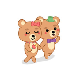 Couple of bears on the walking. Romantic walking of bears in love. Cartoon, kawaii, vector.