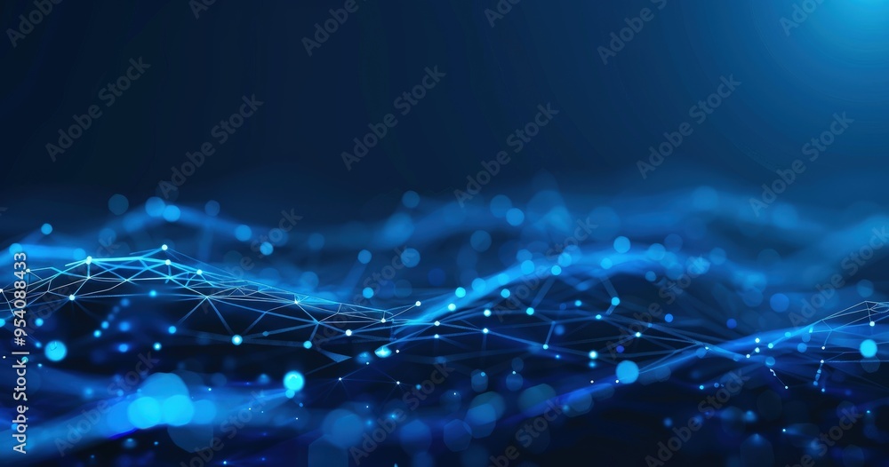 Poster a digital abstract representation of interconnected nodes and waves, symbolizing technology and data