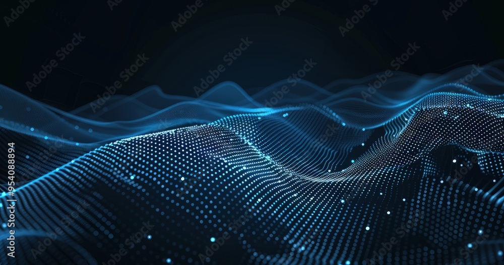Poster a digital wave-like pattern with glowing dots, representing data flow and technology.