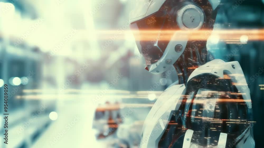 Poster Humanoid robot in a futuristic subway station with dramatic lighting, showcasing advanced AI technology in a public setting. Integration of robotics in urban life.