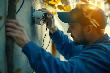 Technician installing security camera on wall of building