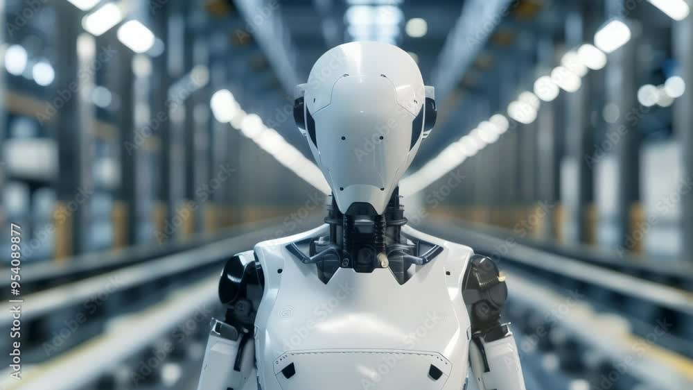 Poster Front view of a white humanoid robot in a futuristic factory. Symbolizing automation, robotics, and technological advancements in manufacturing.
