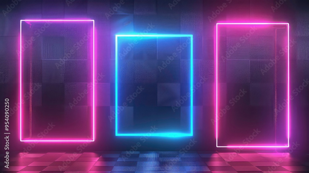 Poster three neon light frames on a dark background with geometric shapes.