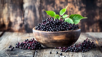 Black elderberries Sambucus nigra in a bowl and some berries