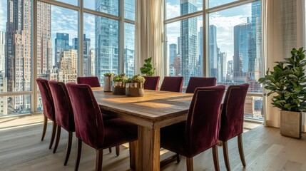 Obraz premium Contemporary dining space with wooden table, burgundy chairs, and cityscape.