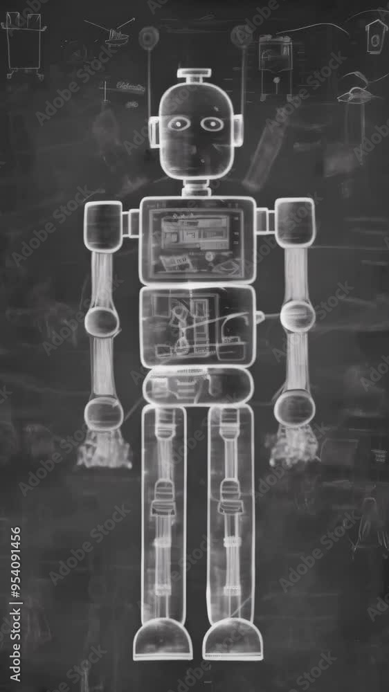 Poster Chalkboard sketch of a basic robot with detailed internal components, representing robotics design and engineering concepts. Ideal for educational purposes and technical studies.