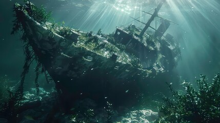 A sunken ship rests on the ocean floor, covered in seaweed and illuminated by sunbeams.