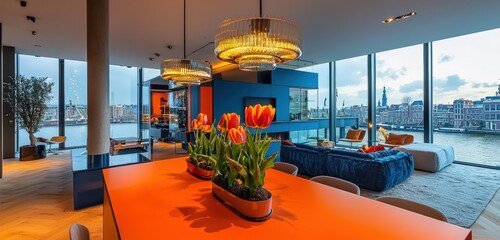 Fototapeta premium Amsterdam Canal Scene from Penthouse with Dutch Modern Tulip Orange and Blue.