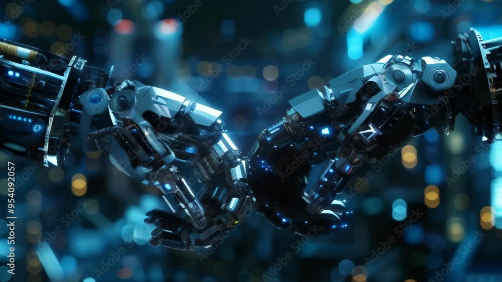 Poster close-up of robotic hands shaking in a high-tech environment. symbol of partnership between artifici