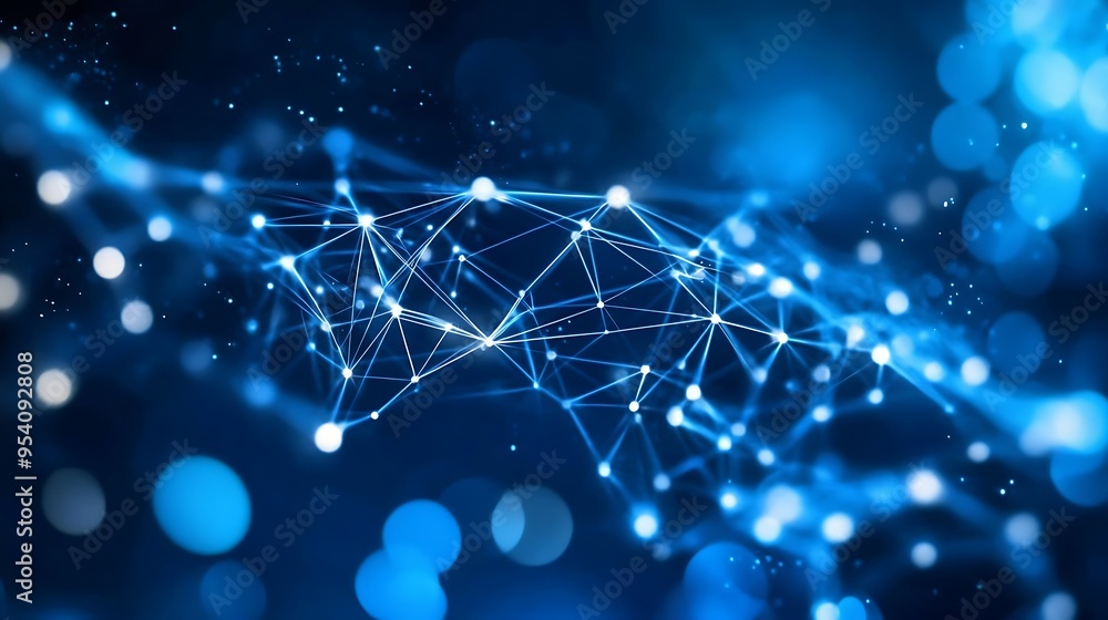 Poster abstract blue network with glowing nodes and lines