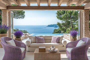 Fototapeta premium Lavender chairs in a French living room with a sea view.