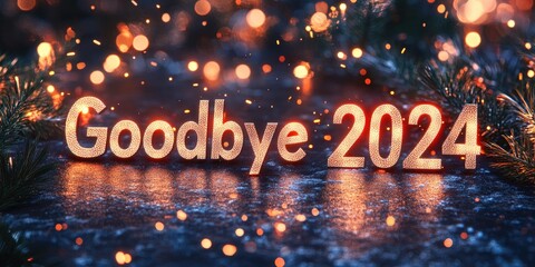 Festive goodbye 2024 inscription with glittering lights and dark background for new year's celebration